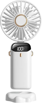 AMPMG LED Digital Display Rechargeable Fan – Portable Handheld & Desk Fan with Adjustable Speeds, USB Charging, Quiet Operation, and Base Stand for Home, Office, Travel and Outdoor Use (White)