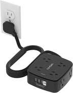 10 Ft Surge Protector Power Strip - YISHU 8 Widely Outlets with 4 USB Ports, 3 Side Outlet Extender with 10 Feet Flat Extension Cord, Ultra Flat Plug, Wall Mount, Desk USB Charging Station, ETL, Black
