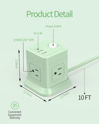 Cube Power Strip, FDTEK 4 Widely Spaced Outlet with 3 USB (1 USB C) Flat Plug Power Strips with Long Extension Cords Space Save Compact Portable for Travel Home Office Cruise - 10FT Green