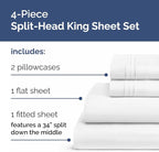 Split Head King Sheets Set – Top Split King Sheets for Adjustable Beds, Easy-Fit Split Head King Mattress - Flex Split Top King Sheets, Easy-Fit, Breathable, Deep Pocket Split King Sheets Set - White
