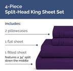 Split Head King Sheet Set – 4 Piece Flex Split Top King Sheets for Adjustable Beds - Fits 14” to 16" Mattress w/ Deep Pockets - Soft, Breathable & Cooling - Luxury Bedding and Wrinkle Free - Purple