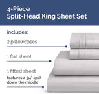 Split Head King Sheets Set - Top Split King Sheets for Adjustable Beds, Easy-Fit Split Head King Mattress - Flex Split Top King Sheets, Easy-Fit, Breathable, Deep Pocket Split King Sheets - Light Grey