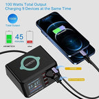 USB Charger Hub ASOMETECH 100W 8-Port Desktop Multiple USB Charging Station with PD Port, Quick Charge 3.0 Port, Wireless Charger, LCD Display Fast USB C Charger for iPhone 12, Tablet and More