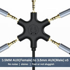 Mizi 5-Way 3.5mm Headphone Splitter - Stereo Audio Adapter with 1 Male to 5 Female Jacks, Gold-Plated Connectors, Compatible with iPhone, iPad, Smartphones, Tablets, MP3 Players - Black