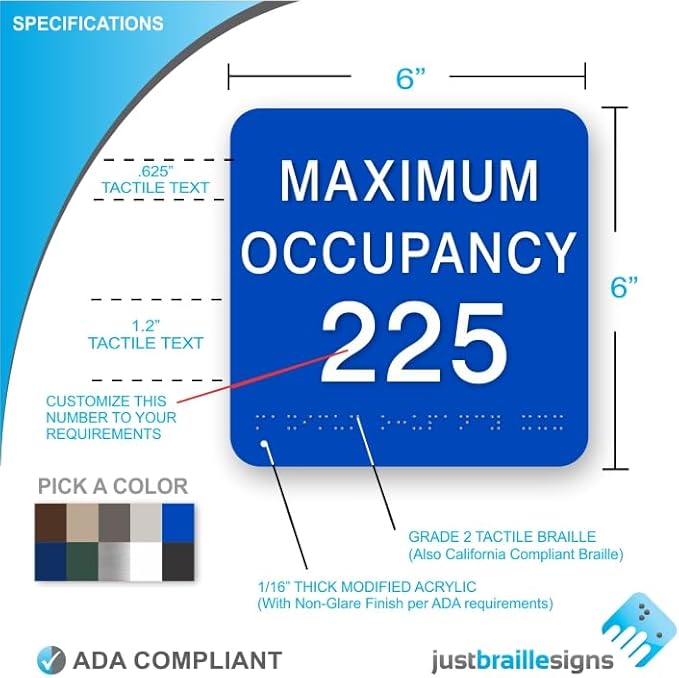 JUSTBRAILLESIGNS CUSTOMIZABLE MAXIMUM OCCUPANCY braille sign, 6” x 6”, Max Occupancy Identification Sign for business, buildings, elevators, etc., Many Colors Choices, Made in USA (Brushed Aluminum)