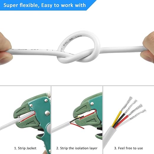20 Gauge 4 Conductor Electrical Wire, 65.6FT White Stranded Low Voltage 20/4 PVC Case, 20 AWG Tinned Copper 4 Wire Extension Power for Strips LED Lamp Lighting