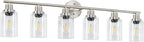 Guliaofo 6-Light Nickel Bathroom Vanity Lights, E26 Modern Bathroom Light Fixtures with Clear Glass Shade, Wall Lamps for Mirror Hallway Kitchen Cabinet Living Room Sconces Lights