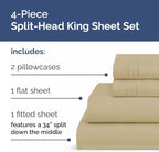 Split Head King Sheet Set – 4 Piece Flex Split Top King Sheets for Adjustable Beds - Fits 14” to 16" Mattress w/ Deep Pockets - Ultra-Soft, Breathable & Cooling - Luxury Bedding & Wrinkle Free - Beige