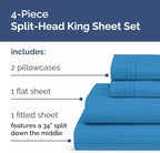 Split Head King Sheet Set – 4 Piece Flex Split Top King Sheets for Adjustable Beds - Fits 14” to 16" Mattress w/ Deep Pockets - Soft, Breathable & Cooling - Luxury Bedding & Wrinkle Free - Denim Blue