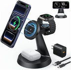 3 in 1 Magnetic Charging Station for Apple Devices, 15W Fast Wireless Charger Compatible with MagSafe Charging Stand Dock for iPhone 17 16 15 14 13 12, Watch Charger Stand for Apple Watch & Earbuds