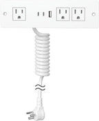 Furniture Drawer Outlet, Recessed Power Strip with (3) PD 20W USB Ports Fast Charging & (3) 15 Amp AC Outlets, (14 AWG) 5 FT White Spring Cord