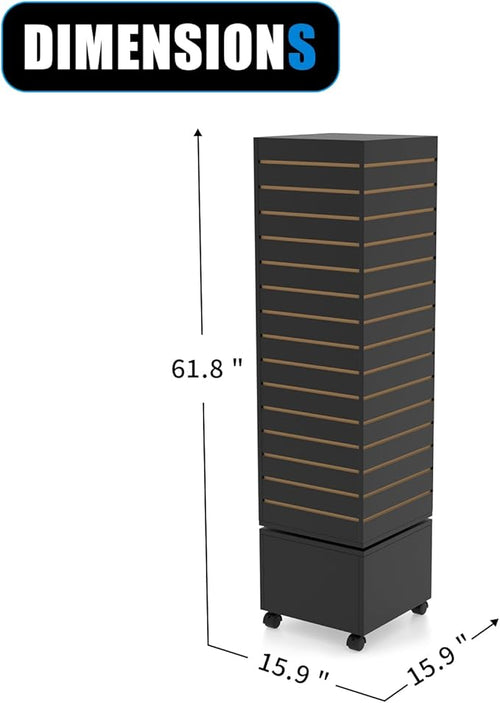 16" W * 16" D * 62" H - Black Slatwall Tower, Four Panel Slatwall Retail Fixture, Rotating Retail Display Rack