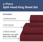 Split Head King Sheet Set – 4 Piece Flex Split Top King Sheets for Adjustable Beds - Fits 14” to 16" Mattress w/ Deep Pockets - Soft, Breathable & Cooling - Luxury Bedding and Wrinkle Free - Burgundy