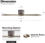 WINGBO 48" Flush Mount DC Ceiling Fans without Lights, 5 Carved Solid Wood Blades, 6-Speed Reversible DC Motor, Low Profile Hugger Ceiling Fan No Light for Living Room Bedroom Patio, Graphite and Gray