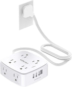 6 Ft Surge Protector Power Strip - YISHU 8 Widely Outlets with 4 USB Ports, 3 Side Outlet Extender with 6 Feet Flat Extension Cord, Ultra Flat Plug, Wall Mount, Desk USB Charging Station, ETL, White