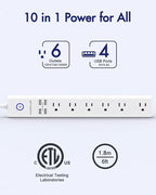 2 Pack Power Strip Surge Protector Flat Plug - 6 Widely Spaced Outlets 4 USB Charging Ports, 2100J/10A with 6Ft Long Extension Cord, Overload Surge Protection, Wall Mount for Home Office