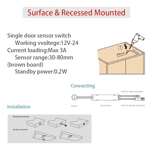 VST Motion Sensor Light Switch, IR Sensor Switch Door Activated Light Switch for Closet Light LED Strip Light and Under Cabinet Light with JST Male and Female Connector (DC 12/24V 3A)