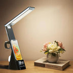 IHAO 6in1 Multifunctional Foldable LED Desk Lamp with Wireless Charger Digital Alarm Clock Eye-Care Lighting 3 Color Modes 15W Qi Charger for Phone/Headphones, Apple Watch Compatible-Black
