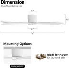 WINGBO 54" Flush Mount DC Ceiling Fans Without Lights, 5 Carved Solid Wood Blades, 6-Speed Reversible DC Motor, Low Profile Hugger Ceiling Fan No Lights for Living Room Bedroom Patio, Gloss White