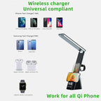 IHAO 6in1 Multifunctional Foldable LED Desk Lamp with Wireless Charger Digital Alarm Clock Eye-Care Lighting 3 Color Modes 15W Qi Charger for Phone/Headphones, Apple Watch Compatible-Black