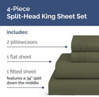 Split Head King Sheet Set – 4 Piece Flex Split Top King Sheets for Adjustable Beds - Fits 14” to 16" Mattress w/ Deep Pockets - Soft, Breathable & Cooling - Luxury Bedding & Wrinkle Free - Sage Green