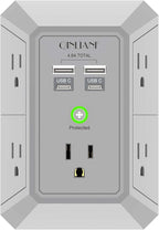 USB Wall Charger, Surge Protector, QINLIANF 5 Outlet Extender with 4 USB Charging Ports (4.8A Total) 3-Sided 1680J Power Strip Multi Plug Outlets Wall Adapter Spaced for Home Travel Office(2U2C),Grey