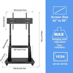 Hellsehen Mobile TV Cart,Rolling TVs Cart on Wheels Height Adjustable Heavy-Duty Floor Stand Base for 42-86 Inch LCD LED OLED Flat Panel Screens Smartboard Movable Holds up to 176lbs with Shelf