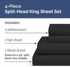 Split Head King Sheet Set – 4 Piece Flex Split Top King Sheets for Adjustable Beds - Fits 14” to 16" Mattress w/ Deep Pockets - Ultra-Soft, Breathable & Cooling - Luxury Bedding & Wrinkle Free - Black