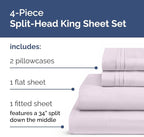 Split Head King Sheet Set – 4 Piece Flex Split Top King Sheets for Adjustable Beds - Fits 14” to 16" Mattress w/ Deep Pockets - Breathable & Cooling - Luxury Bedding and Wrinkle Free - Light Lavender