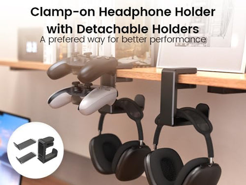 3in1 Rotating Headphone Holder - EURPMASK 3in1 PC Gaming Headset Holder w/Detachable Controller Holder, Adjustable Clamp-on Headset Stand,Headphone Hanger Hook Under Desk w/Cable Clip Organizer,Black