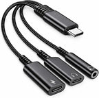 Mizi USB-C Headphone and Charging Adapter 3-in-1 – Type-C to 3.5mm Audio Jack + USB-C PD Charging + Type-C Audio Splitter, Compatible with iPhone, iPad, Samsung Galaxy, Pixel, and More – Black