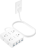 Olcorife Power Strip 8 AC with 8 USB Ports, 10 FT Flat Plug Extension Cord, 2000 Joules Surge Protector, 30W Charging Station, Home Office College Dorm Room Essentials