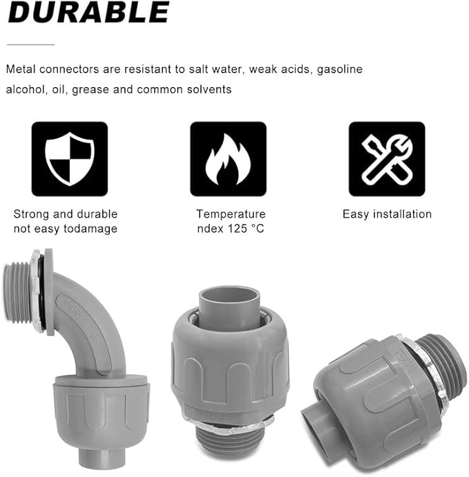 1/2 inch Liquid Tight Connector PVC Flexible Conduit Connector UL Listed Liquid Tight Conduit Fittings 20 Pack (10 pcs 180D/10 pcs 90D)