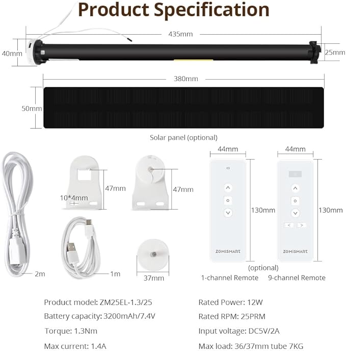 Blindsmart Rechargeable Tuya Zigbee Roller Blinds Motor for 38mm Tube, Motorized Window Shades Automatic Blinds Curtain Opener APP Control, Zigbee Hub Required (with 1-Channel Remote)