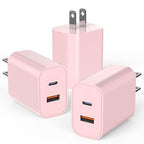 USB C Charger Block, iPhone 16/15 Charger Block [3 Pack] 20W Dual Port QC+PD 3.0 Power Adapter Multiport USB A Fast Charging Plug for Apple iPhone 16/16 Pro/16 Pro Max/16 Plus/15/14/13/12/11/iPad-Pink