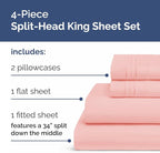Split Head King Sheet Set – 4 Piece Flex Split Top King Sheets for Adjustable Beds - Fits 14” to 16" Mattress w/ Deep Pockets - Soft, Breathable & Cooling - Luxury Bedding and Wrinkle Free - Baby Pink