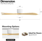 WINGBO 48" Flush Mount DC Ceiling Fans Without Lights, 5 Carved Solid Wood Blades, 6-Speed Reversible DC Motor, Low Profile Hugger Ceiling Fan No Lights for Living Room Bedroom Patio, White and Oak