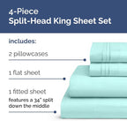 Split Head King Sheet Set – 4 Piece Flex Split Top King Sheets for Adjustable Beds - Fits 14” to 16" Mattress w/ Deep Pockets - Soft, Breathable & Cooling - Luxury Bedding and Wrinkle Free - Spa Blue