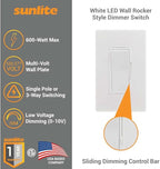 Sunlite LED Wall Rocker Style, Slide Bar Triac Dimmer Switch, Screwless Wall Plates Included, Single Pole or 3-Way Switching, 120 Volts, 200W Max for LED, 600W Max for Incandescent, White, 1 Pack