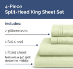 Split Head King Sheet Set – 4 Piece Flex Split Top King Sheets for Adjustable Beds - Fits 14” to 16" Mattress w/ Deep Pockets - Breathable & Cooling - Luxury Bedding & Wrinkle Free - Light Sage Green