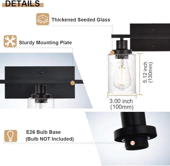 WINSHEN 40 Inches Length Black Bathroom Lighting Fixtures, 5-Light Modern Industrial Wall Sconce Vanity Light Fixture with Seeded Glass for Bedroom Over Mirror