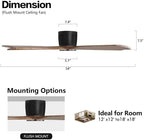 WINGBO 54" Flush Mount DC Ceiling Fans without Lights, 5 Carved Solid Wood Blades, 6-Speed Reversible DC Motor, Low Profile Hugger Ceiling Fan No Lights for Living Room Bedroom Patio, Black and Walnut