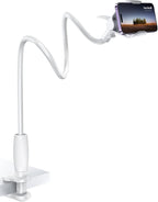 Lamicall Gooseneck Phone Holder for Bed - 360 Adjustable Clamp Clip, Overhead Cell Phone Mount Stand for Desk, Compatible with All Cellphone, White