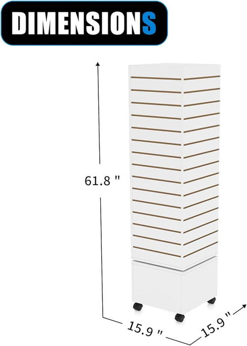 16" W * 16" D * 62" H - White Slatwall Tower, Four Panel Slatwall Retail Fixture, Rotating Retail Display Rack