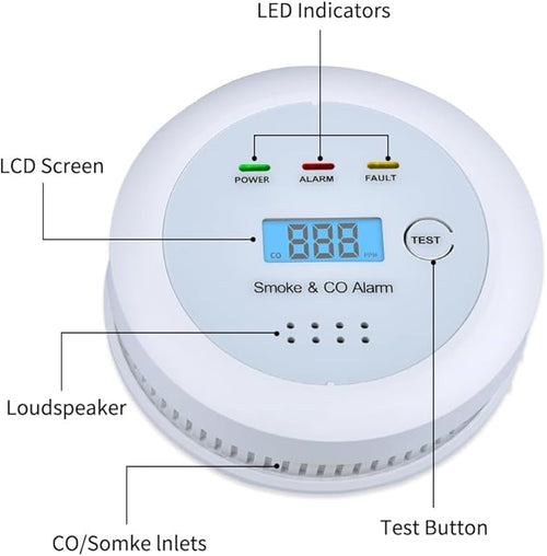 2 in1 Smoke Detector Carbon Monoxide Detector Combo,with LCD Digital Display and Sound Warning Test Button，Battery Powered，Easy Installation, for Home, Bedroom, Kitchen(2PACKS)
