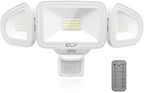 CLY 42W LED Security Lights Motion Sensor Light, 3600LM 5000K, IP66 Waterproof Outdoor Flood Lights, Adjustable Brightness 3 Head Floodlight Remote Control 4 Modes for Garage Yard Eave -White