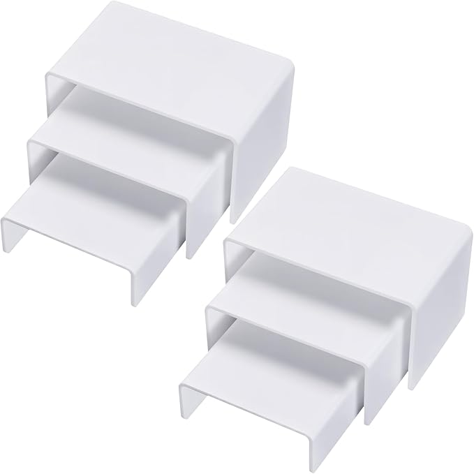 Chuangdi 2 Sets Acrylic Display Risers, Product Stand, Jewelry Display Riser Shelf Showcase Fixtures for Dessert Cupcake Candy Figure Treat Action Showcase(White,Small Set)