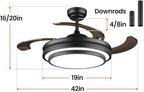 42 Inch Black Modern Ceiling Fan with Lights and APP Control,Retractable Fandelier Celing Fan with Light, 6 Speed,Light Dimmable Memory,Silent Reversible Motor for Bedroom Kitchen Living Room