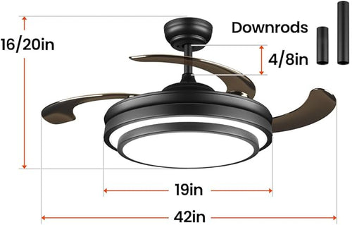 42 Inch Black Modern Ceiling Fan with Lights and APP Control,Retractable Fandelier Celing Fan with Light, 6 Speed,Light Dimmable Memory,Silent Reversible Motor for Bedroom Kitchen Living Room