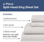 Split Head King Sheet Set – 4 Piece Flex Split Top King Sheets for Adjustable Beds - Fits 14” to 16" Mattress w/ Deep Pockets - Soft, Breathable & Cooling - Luxury Bedding & Wrinkle Free - French Grey